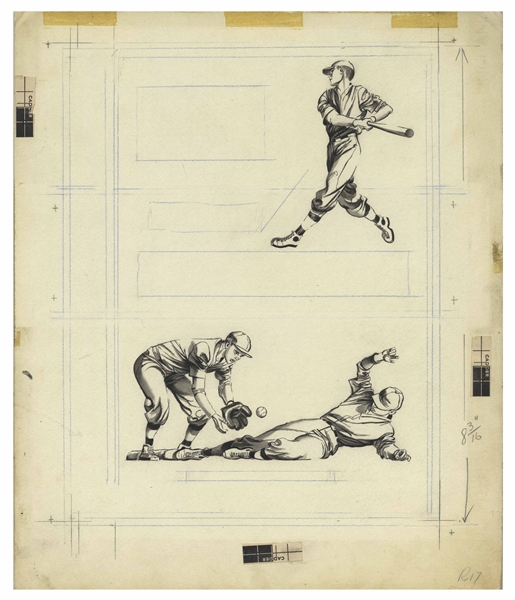 Bernard Krigstein Set of Illustrations for the Cover of ''How to Play Baseball'' From 1954